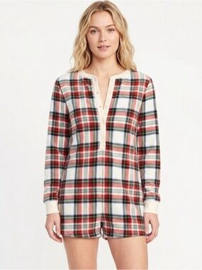 Fleece Plaid Long-Sleeve Henley Romper - Red Plaid
